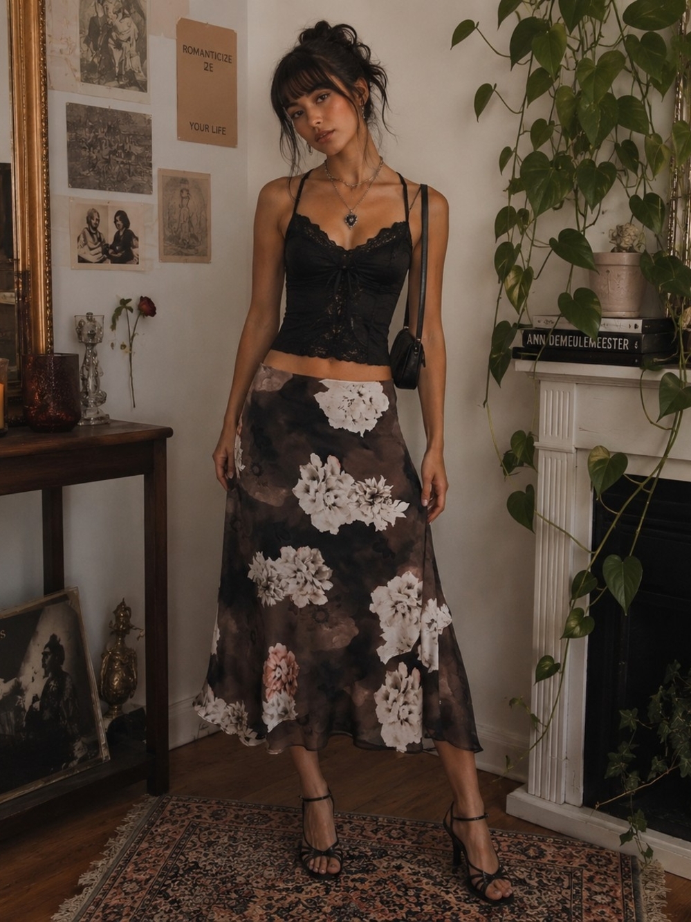 Vintage Y2K Brown White Floral Skirt Midi Asymmetric Whimsigoth Dark Fairy Sz 12